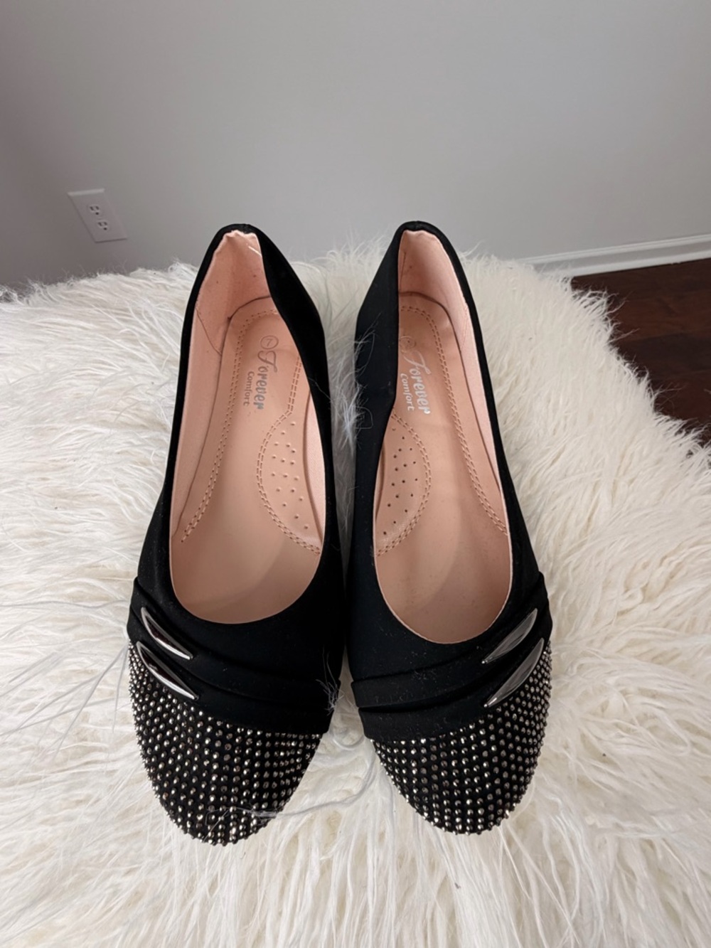Black Studded Pointed Toe Flats with Silver Accents